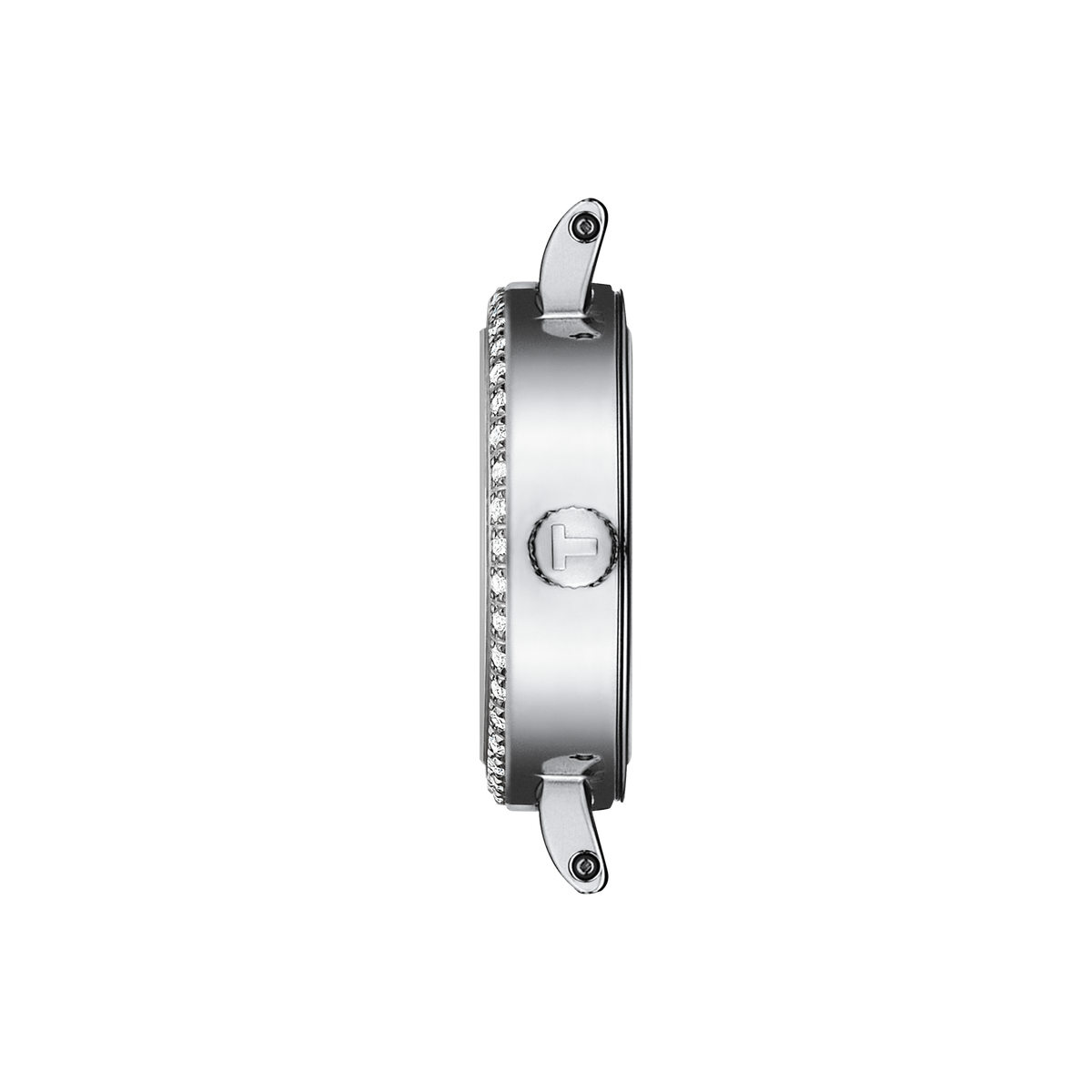 side profile of the case showcasing the ultra-slim silhouette, polished finish, and finely detailed bezel set with stones for added elegance