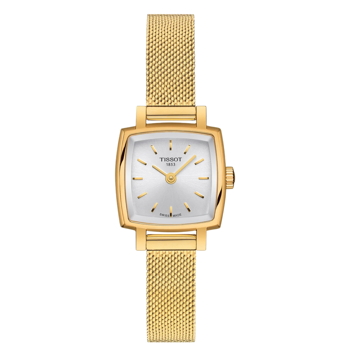 Tissot Lovely Square 20mm, featuring a gold PVD-coated steel case, silver dial, sapphire crystal and precise Swiss quartz movement.

