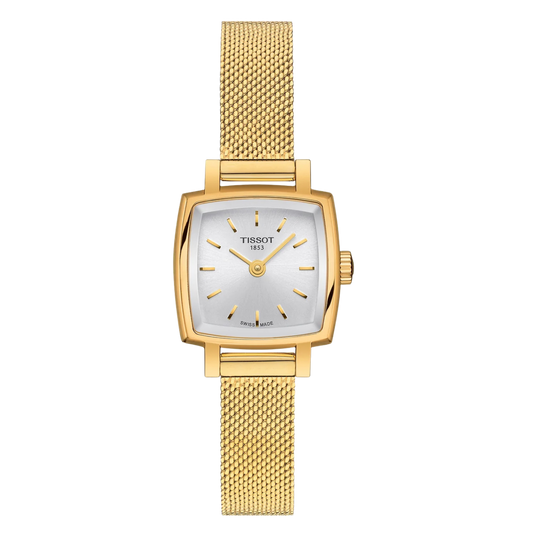 Tissot Lovely Square 20mm, featuring a gold PVD-coated steel case, silver dial, sapphire crystal and precise Swiss quartz movement.

