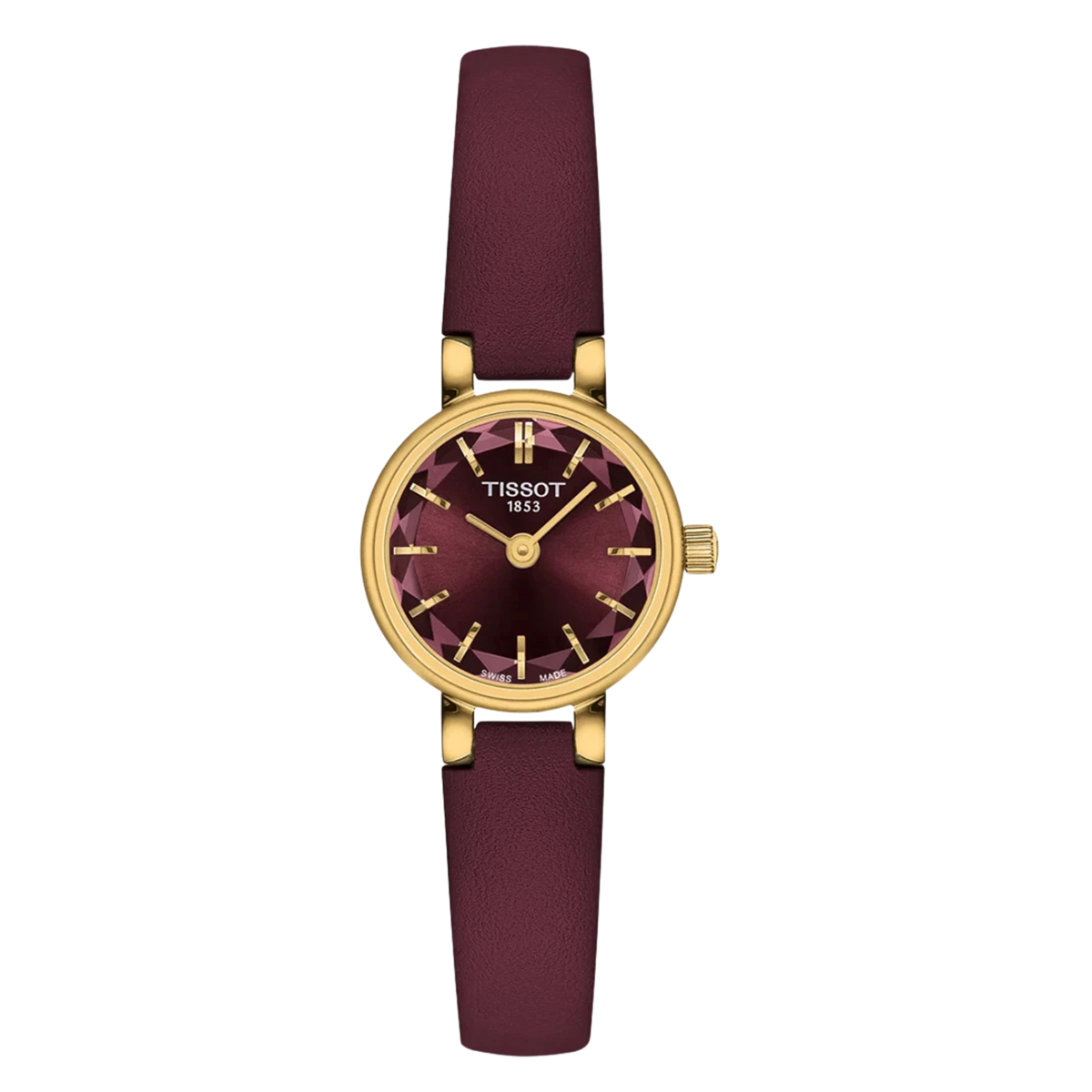 Tissot Lovely Round 19.5mm, featuring a gold PVD-coated steel case, Bordeaux dial, faceted sapphire crystal and Swiss quartz movement.