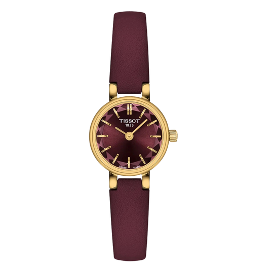 Tissot Lovely Round 19.5mm, featuring a gold PVD-coated steel case, Bordeaux dial, faceted sapphire crystal and Swiss quartz movement.