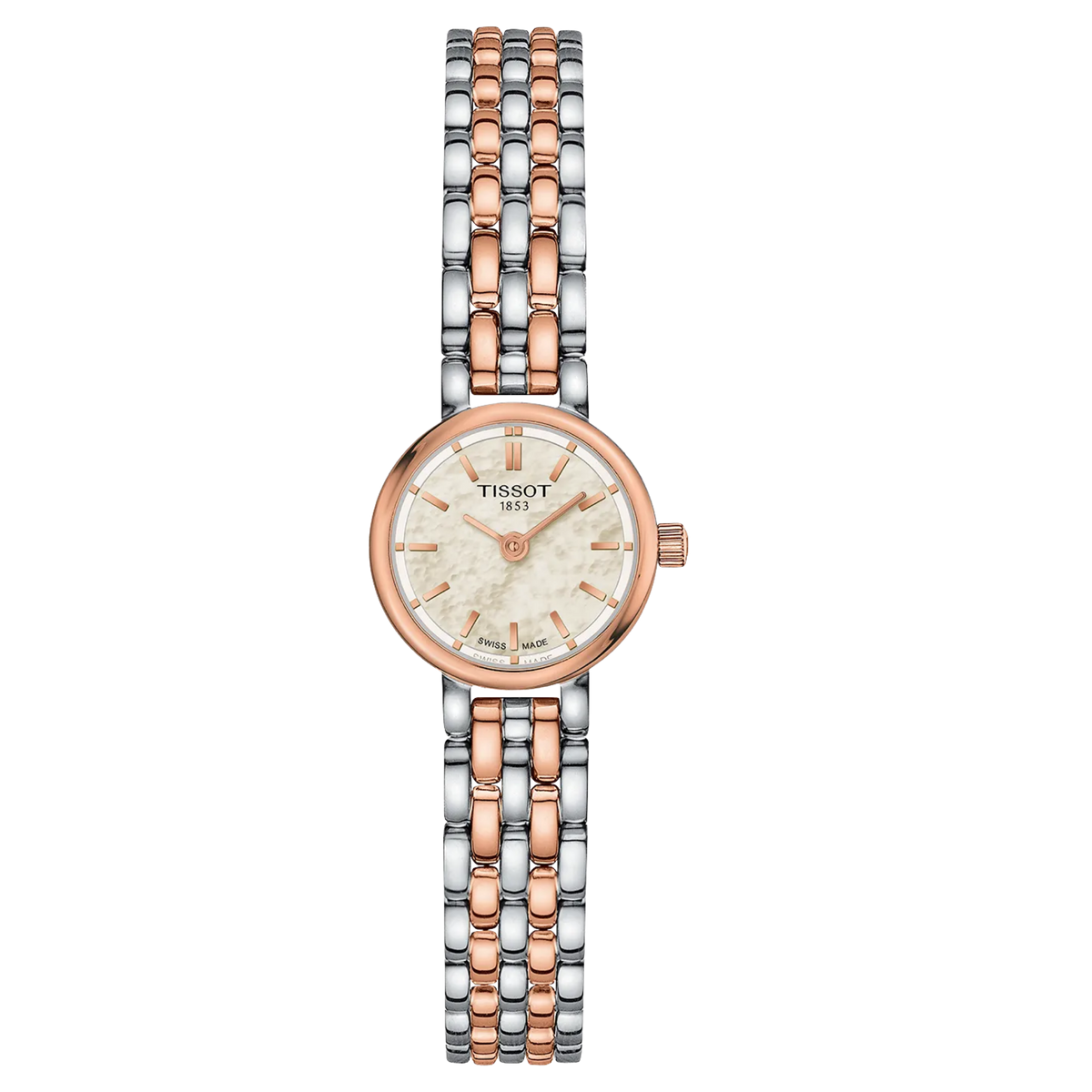 Tissot Lovely Round 19.5mm watch featuring a luminous white mother of pearl dial, rose gold PVD detailing and a two-tone stainless steel bracelet, powered by a precise Swiss quartz movement.