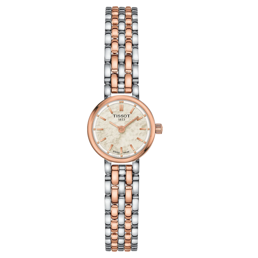 Tissot Lovely Round 19.5mm watch featuring a luminous white mother of pearl dial, rose gold PVD detailing and a two-tone stainless steel bracelet, powered by a precise Swiss quartz movement.