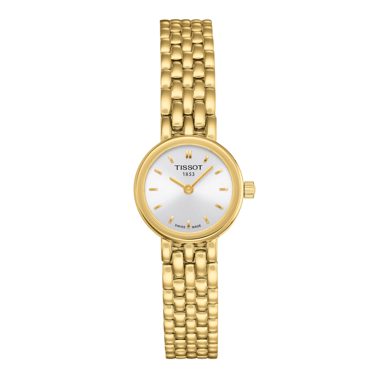 Tissot gold-tone stainless steel ladies watch featuring a clean silver dial, slim baton hour markers, and a polished round case, finished with a jewellery-inspired gold bracelet for an elegant look