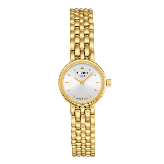 Tissot gold-tone stainless steel ladies watch featuring a clean silver dial, slim baton hour markers, and a polished round case, finished with a jewellery-inspired gold bracelet for an elegant look