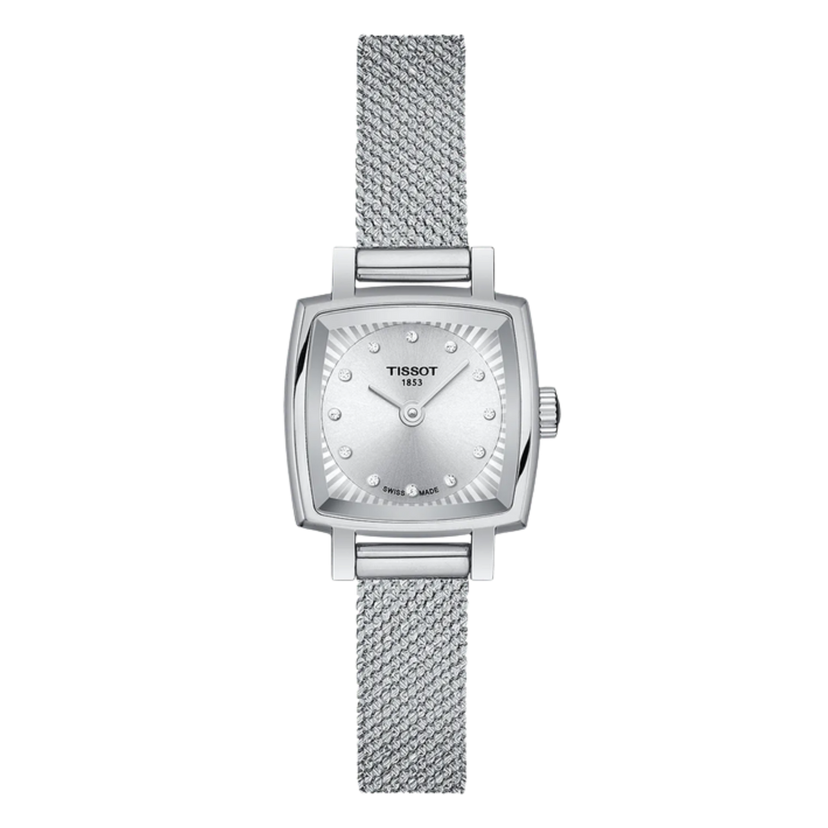 Tissot stainless steel ladies watch featuring a silver sunray dial, delicate diamond hour markers, and a softly curved square case, paired with a fine mesh bracelet for a modern, elegant finish