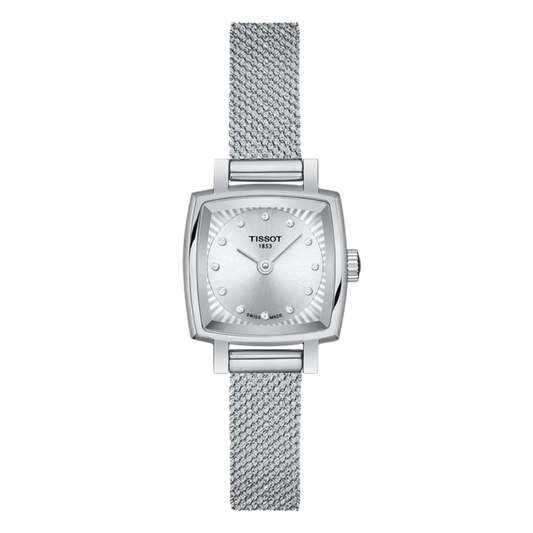 Tissot stainless steel ladies watch featuring a silver sunray dial, delicate diamond hour markers, and a softly curved square case, paired with a fine mesh bracelet for a modern, elegant finish