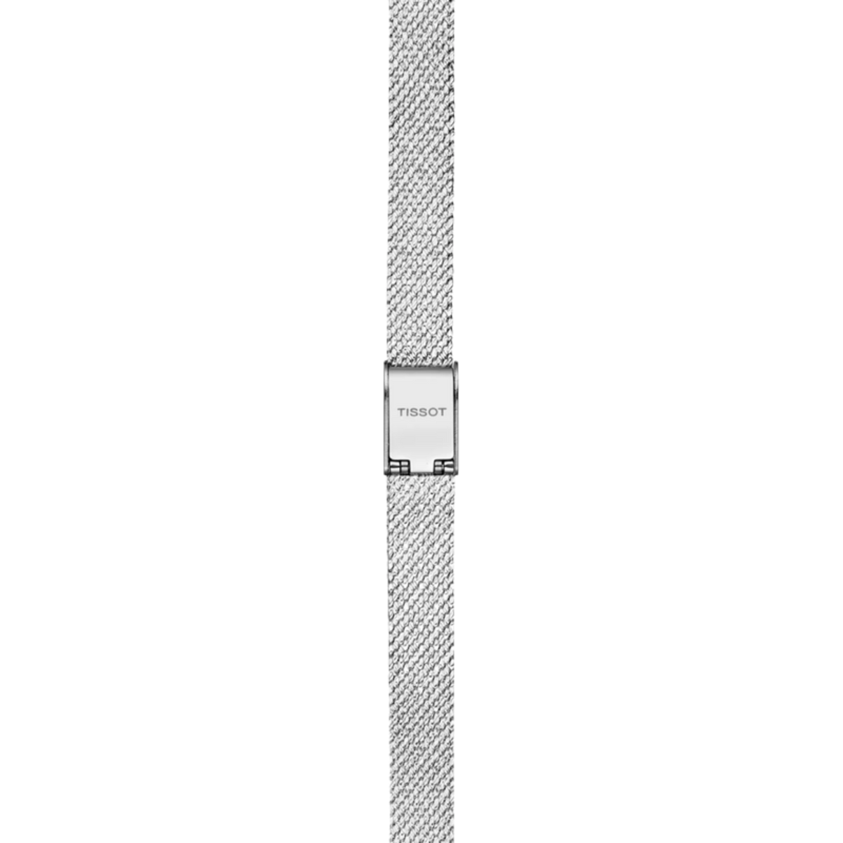the watch worn on the wrist, highlighting its compact square profile, subtle sparkle, and how the mesh bracelet wraps smoothly for a sleek, jewellery-like feel
