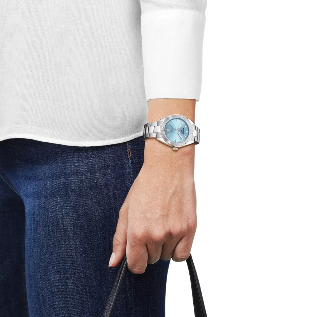 Tissot PR 100 Sport Chic 36mm Ice Blue Dial Watch on a model 