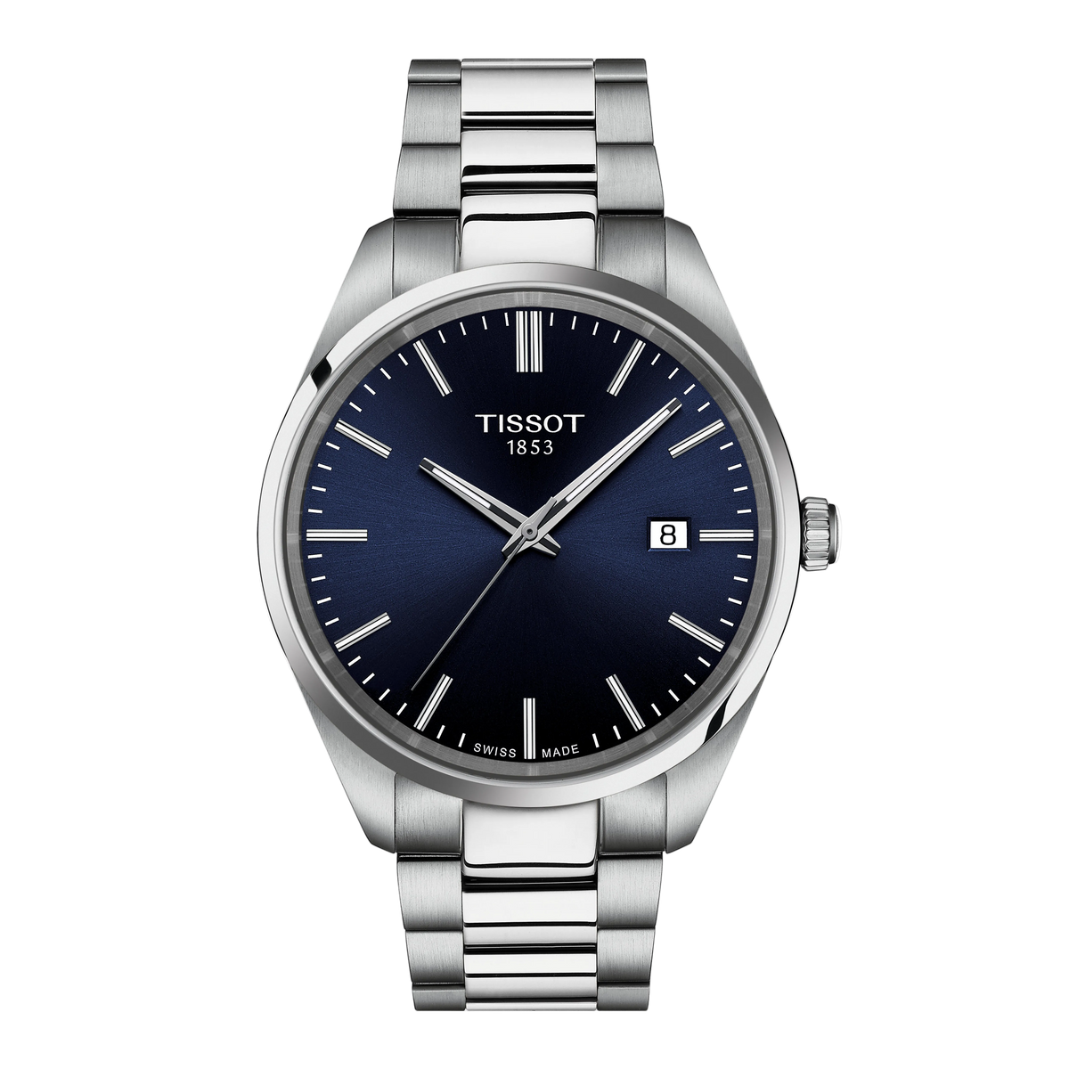 Tissot Blue Dial Watch with a clean minimalist display, slim silver-tone baton markers, and a brushed stainless steel bracelet designed for timeless everyday versatility