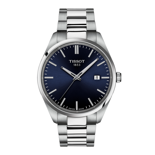 Tissot Blue Dial Watch with a clean minimalist display, slim silver-tone baton markers, and a brushed stainless steel bracelet designed for timeless everyday versatility