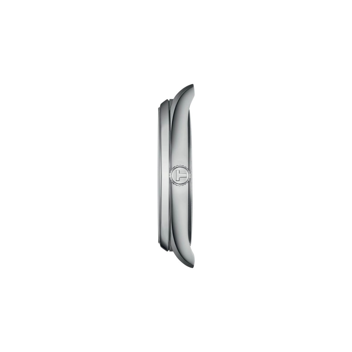 side profile of the stainless steel case showcasing the slim silhouette, brushed finishing, and streamlined crown design for an elegant understated appearance