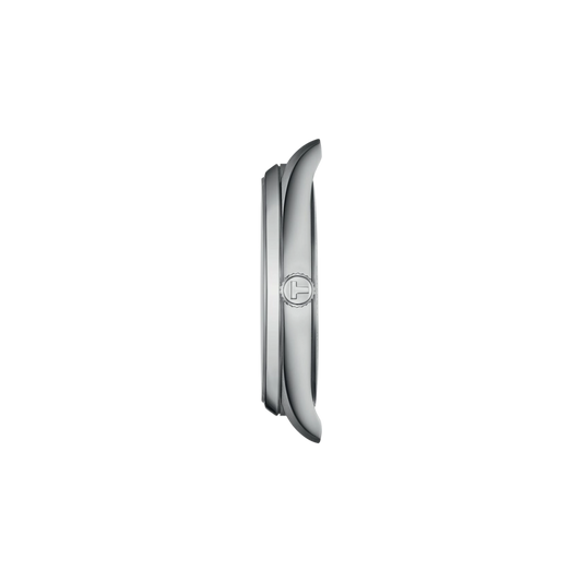 side profile of the stainless steel case showcasing the slim silhouette, brushed finishing, and streamlined crown design for an elegant understated appearance