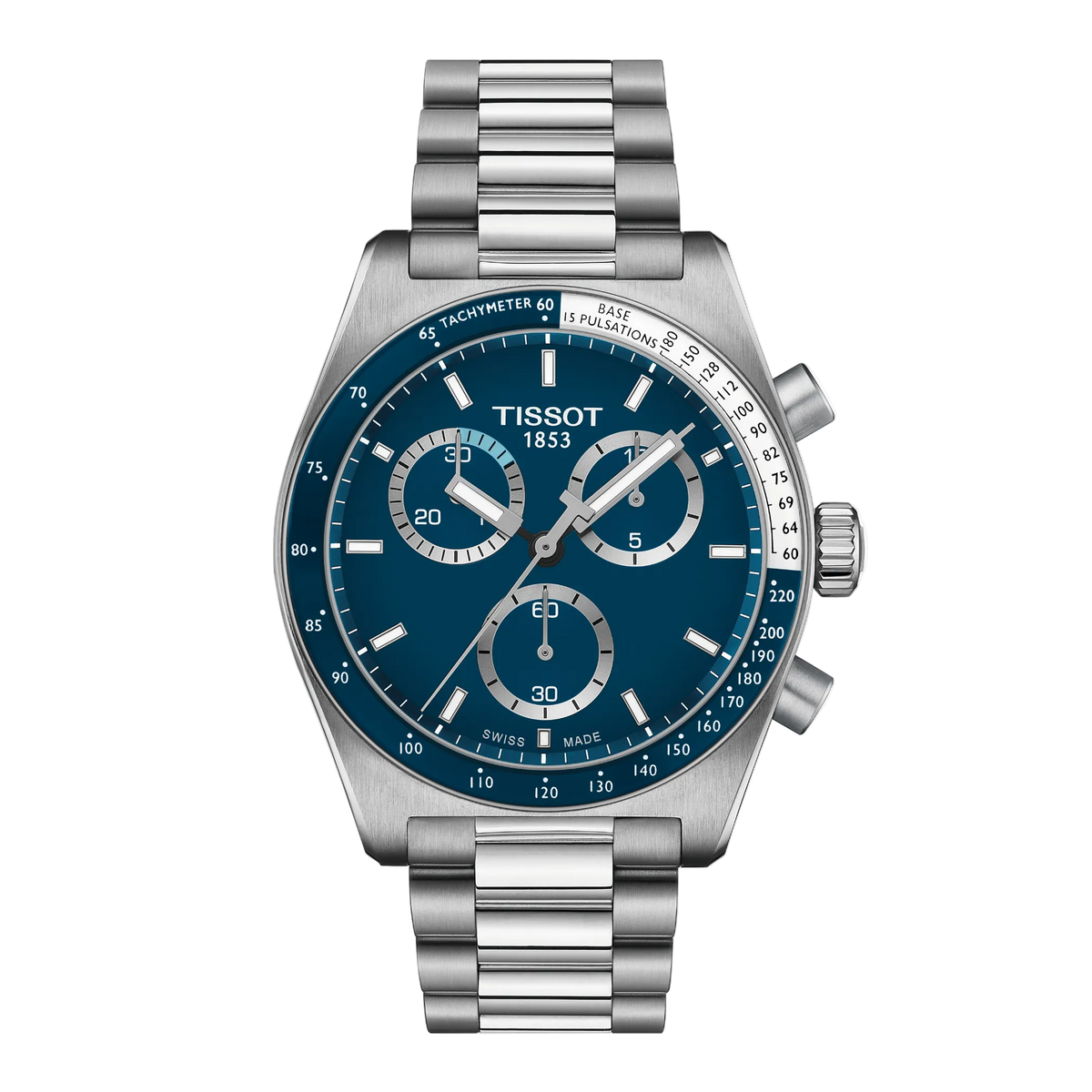 Tissot Chronograph Blue Dial Watch featuring a vibrant blue dial with contrasting silver chronograph counters, tachymeter scale detailing, and a brushed stainless steel bracelet for a sporty modern finish