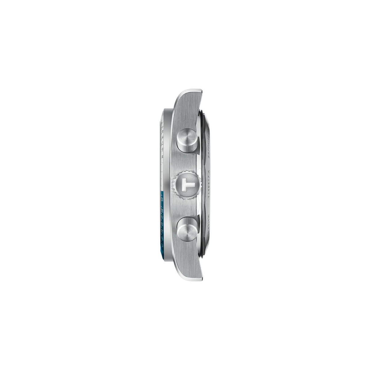 side profile image highlighting the angular stainless steel case, polished chronograph pushers, signed crown, and refined brushed finishing that give the watch its dynamic character