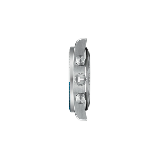 side profile image highlighting the angular stainless steel case, polished chronograph pushers, signed crown, and refined brushed finishing that give the watch its dynamic character