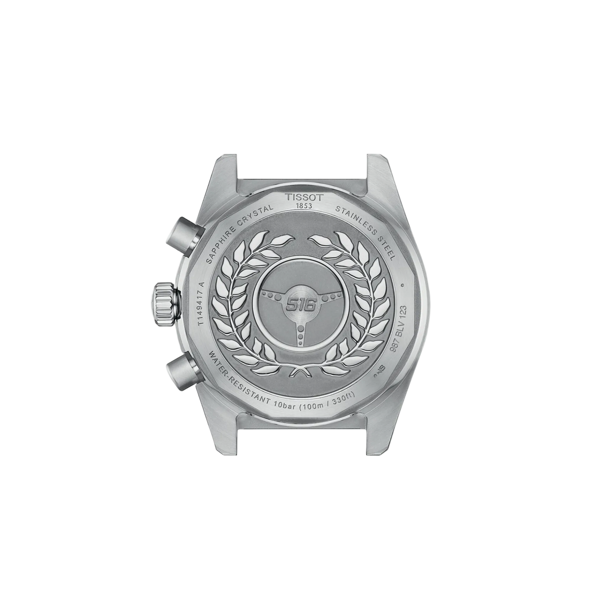 caseback image displaying the stainless steel construction and detailed finishing, designed to complement the watch’s robust chronograph performance and comfortable fit