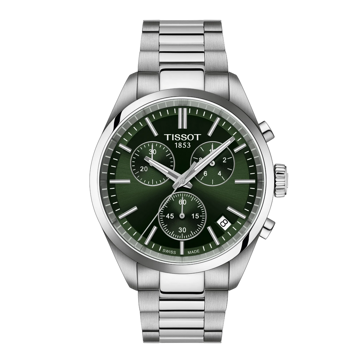 Tissot Green Dial Chronograph Watch with a rich green sunray display, matching chronograph subdials, and a brushed stainless steel bracelet for a bold modern sports aesthetic
