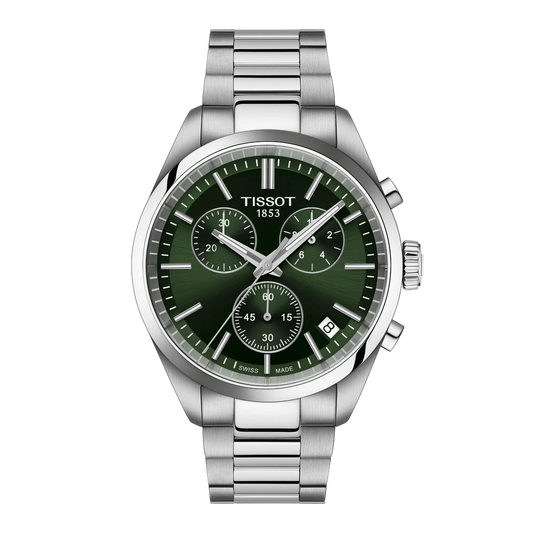 Tissot Green Dial Chronograph Watch with a rich green sunray display, matching chronograph subdials, and a brushed stainless steel bracelet for a bold modern sports aesthetic