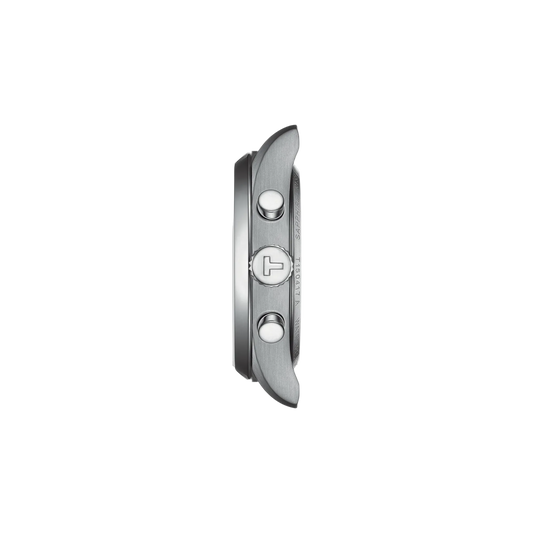 side profile of the stainless steel case showcasing the polished chronograph pushers, refined crown detailing, and brushed finishing that enhance the watch’s athletic profile