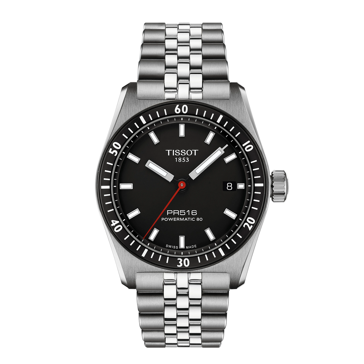 Tissot PR516 Powermatic 80 watch with a matte black dial, bold white baton markers, and a striking red seconds hand paired with a brushed stainless steel bracelet for a clean motorsport-inspired look