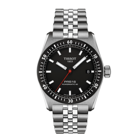 Tissot PR516 Powermatic 80 watch with a matte black dial, bold white baton markers, and a striking red seconds hand paired with a brushed stainless steel bracelet for a clean motorsport-inspired look