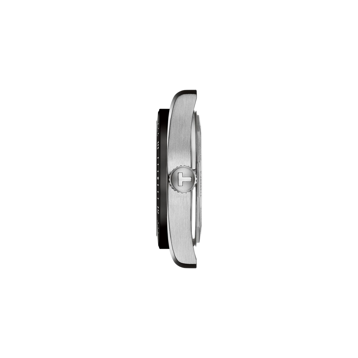side profile of the stainless steel case showcasing the brushed finishing, defined angular lugs, and streamlined crown design that emphasise the watch’s sporty character
