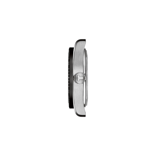 side profile of the stainless steel case showcasing the brushed finishing, defined angular lugs, and streamlined crown design that emphasise the watch’s sporty character
