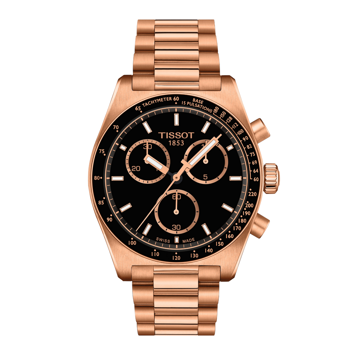 Tissot Chronograph Black Dial Watch featuring a bold black dial with rose gold-tone chronograph counters, matching full rose gold-tone bracelet, and sporty modern styling