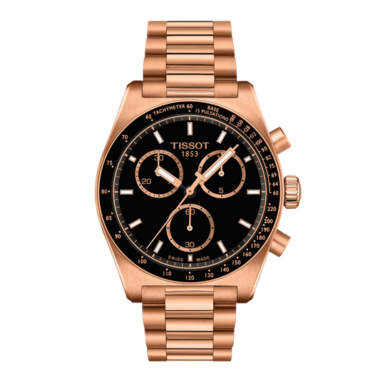 Tissot Chronograph Black Dial Watch featuring a bold black dial with rose gold-tone chronograph counters, matching full rose gold-tone bracelet, and sporty modern styling