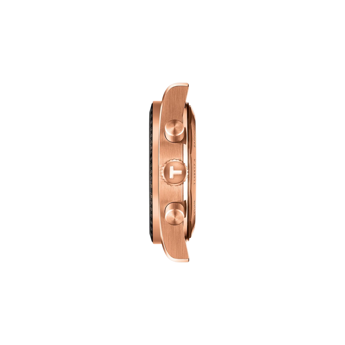 side profile image highlighting the rose gold-tone stainless steel case thickness, polished chronograph pushers, signed crown, and brushed finishing that enhance the watch’s premium sporty character
