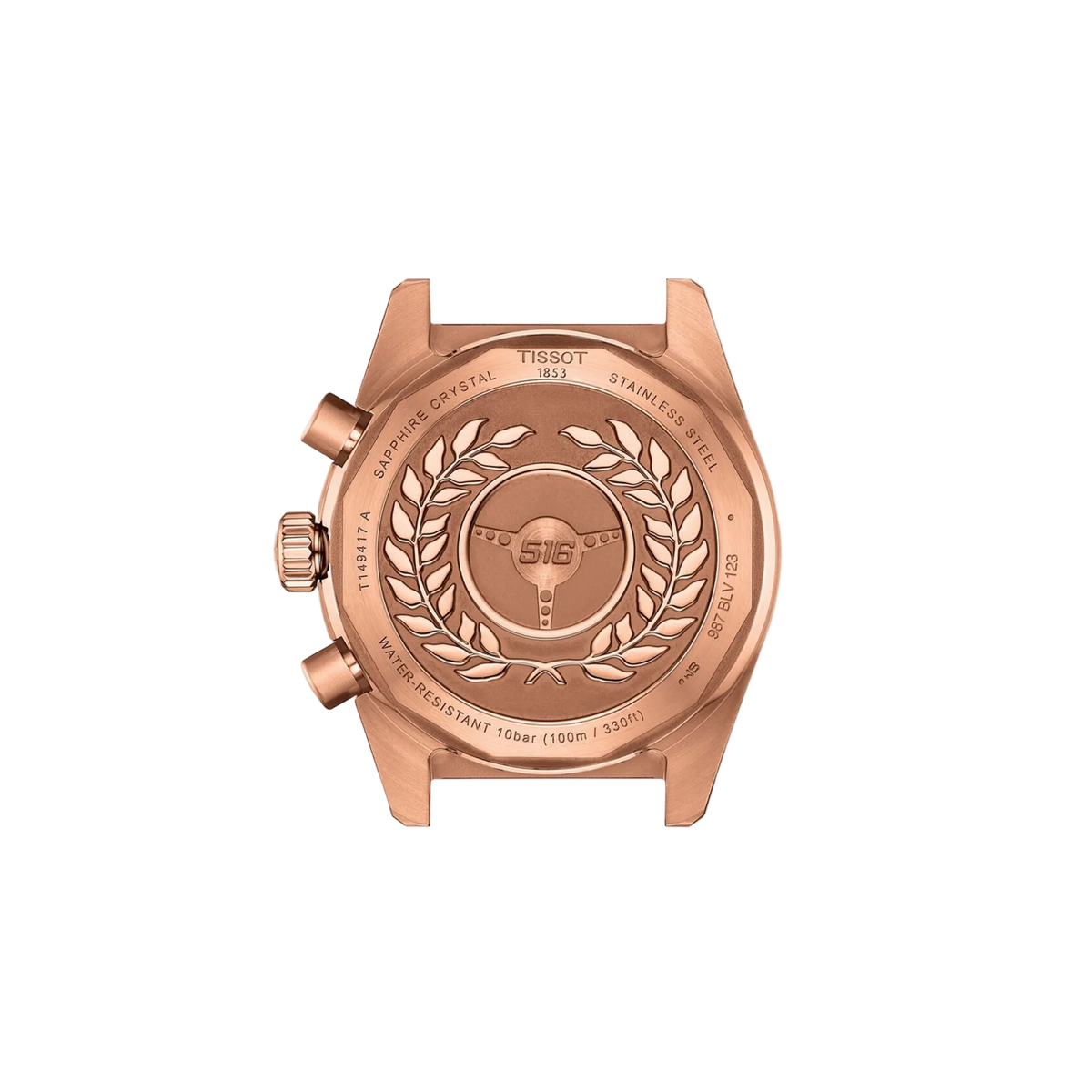 caseback image displaying the durable stainless steel construction with rose gold-tone finishing, designed for reliable chronograph performance and comfortable everyday wear