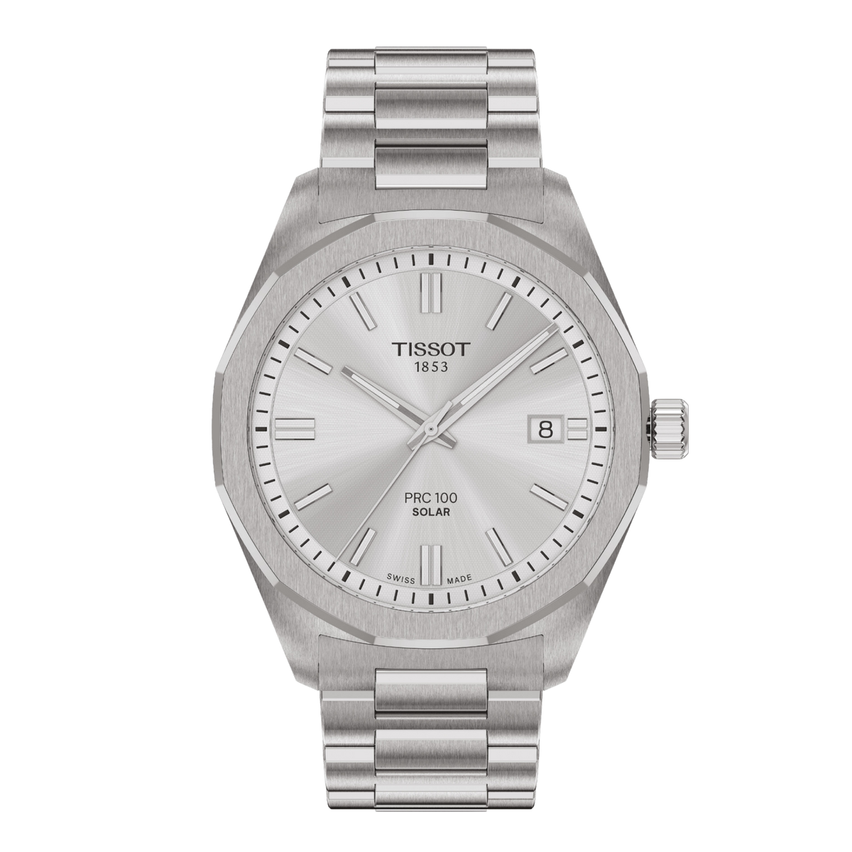Tissot PRC 100 Solar Silver Dial Watch featuring a clean silver sunray dial, angular stainless steel case, and integrated-style bracelet with sleek modern styling