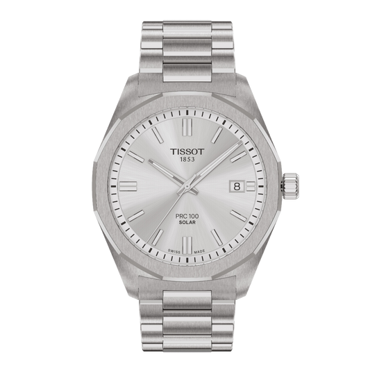 Tissot PRC 100 Solar Silver Dial Watch featuring a clean silver sunray dial, angular stainless steel case, and integrated-style bracelet with sleek modern styling