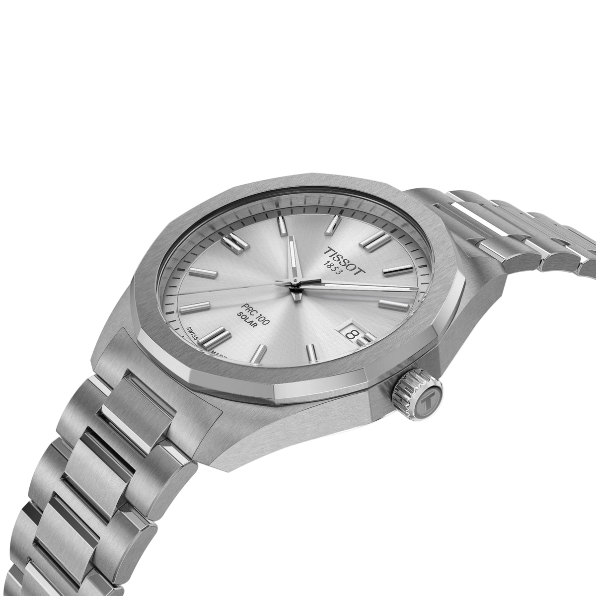 angled front-side image of the watch on the bracelet, emphasising the silver sunray dial texture, faceted case design, and integrated bracelet detailing while showing dial depth from the side perspective