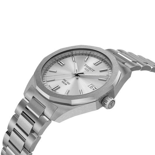 angled front-side image of the watch on the bracelet, emphasising the silver sunray dial texture, faceted case design, and integrated bracelet detailing while showing dial depth from the side perspective