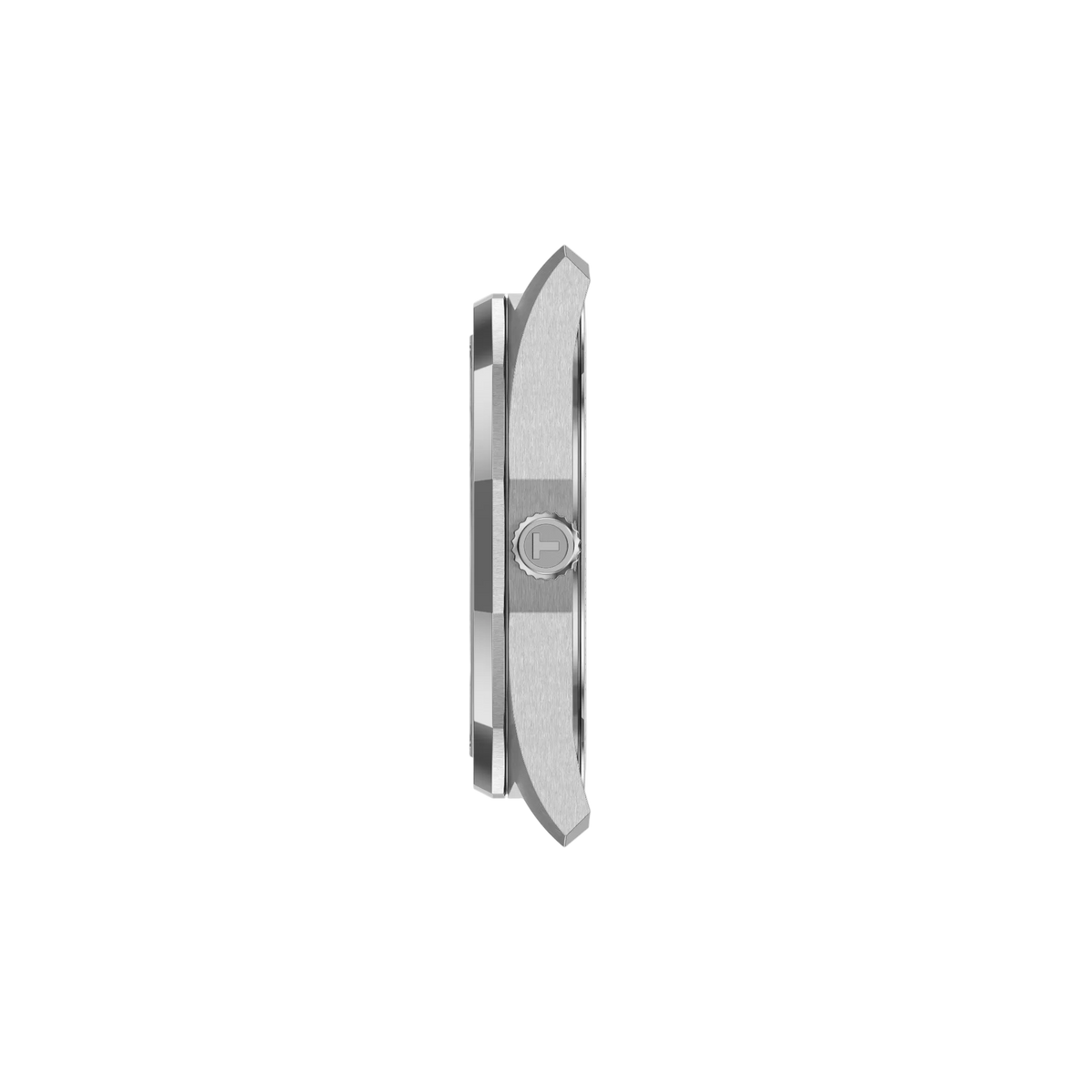 side profile image highlighting the angular stainless steel case construction, slim profile, polished crown, and brushed finishing that define the watch’s modern character