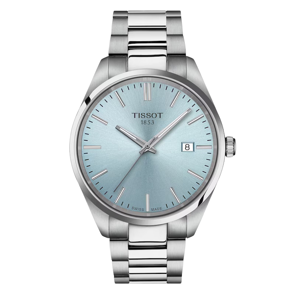 Tissot PR 100 Quartz 40mm, featuring a stainless steel case, ice blue dial, sapphire crystal and precise Swiss quartz movement.