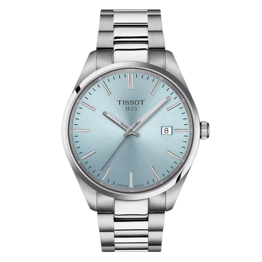 Tissot PR 100 Quartz 40mm, featuring a stainless steel case, ice blue dial, sapphire crystal and precise Swiss quartz movement.
