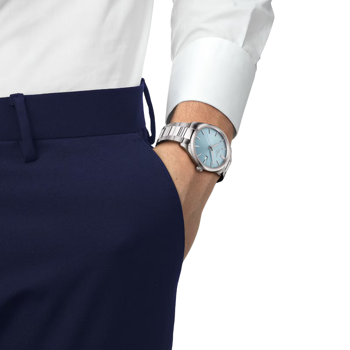 Tissot PR 100 Quartz 40mm Ice Blue Dial Watch on a model 