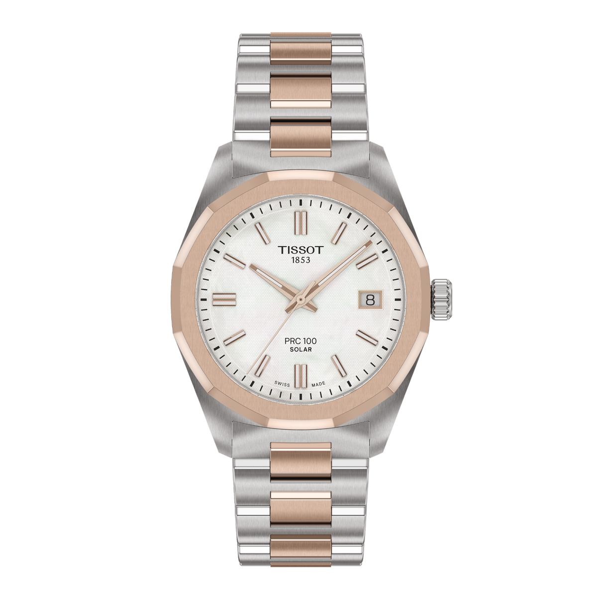 Tissot PRC 100 Solar two-tone watch featuring a silver textured dial with rose gold-tone baton hour markers, a date window at 3 o’clock, and a faceted rose gold-tone bezel paired with a stainless steel and rose gold-tone bracelet