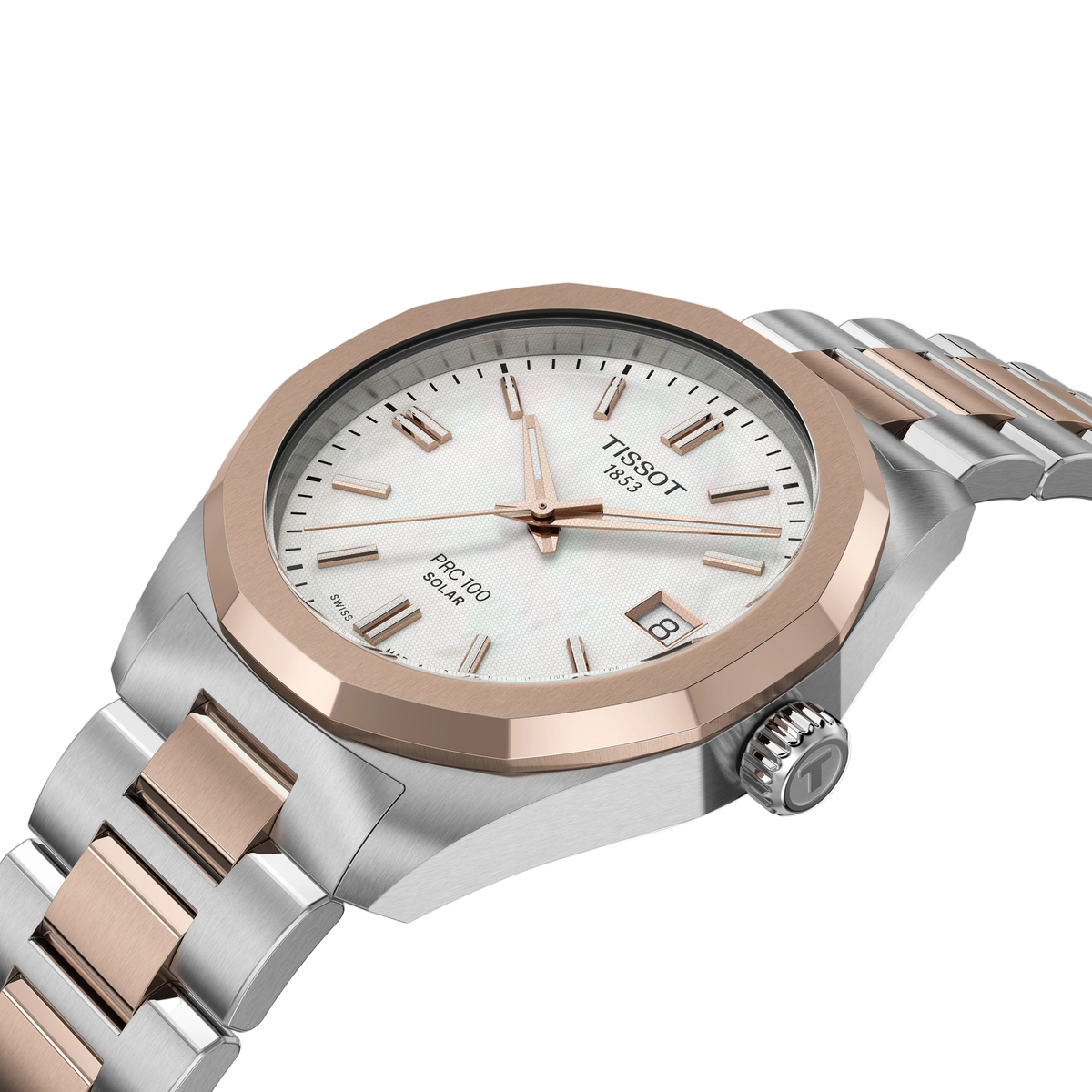angled view of the watch on the bracelet, revealing the subtle silver dial texture, warm rose gold-tone accents, and the clean integrated bracelet design from a side-forward perspective