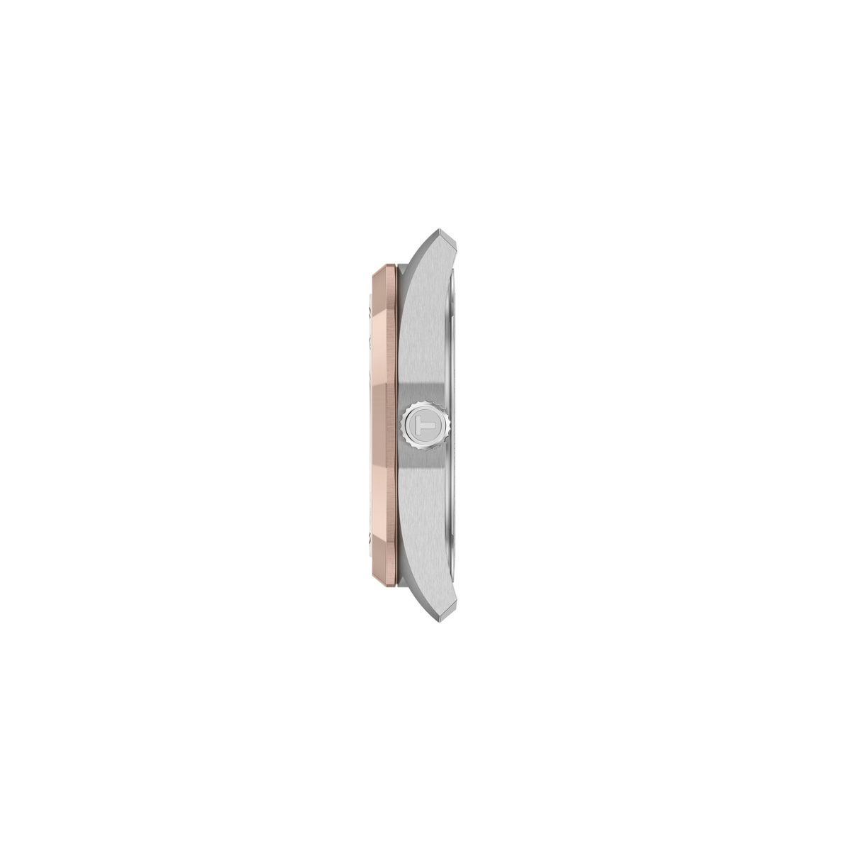 side profile of the case showcasing the angular stainless steel construction, brushed finishing, and contrasting rose gold-tone bezel detailing