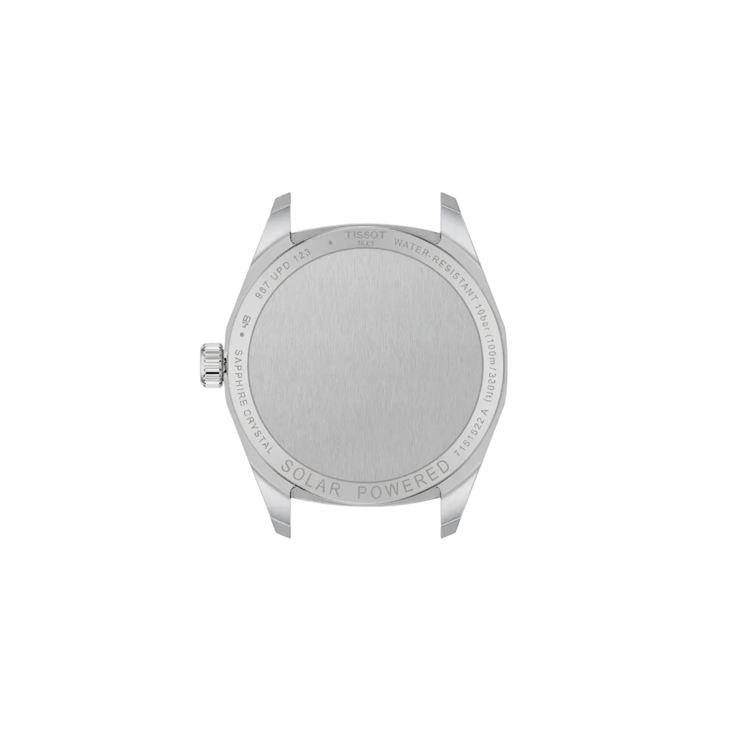 caseback view displaying the solid stainless steel construction and solar-powered design, engineered for dependable daily wear and long-lasting performance