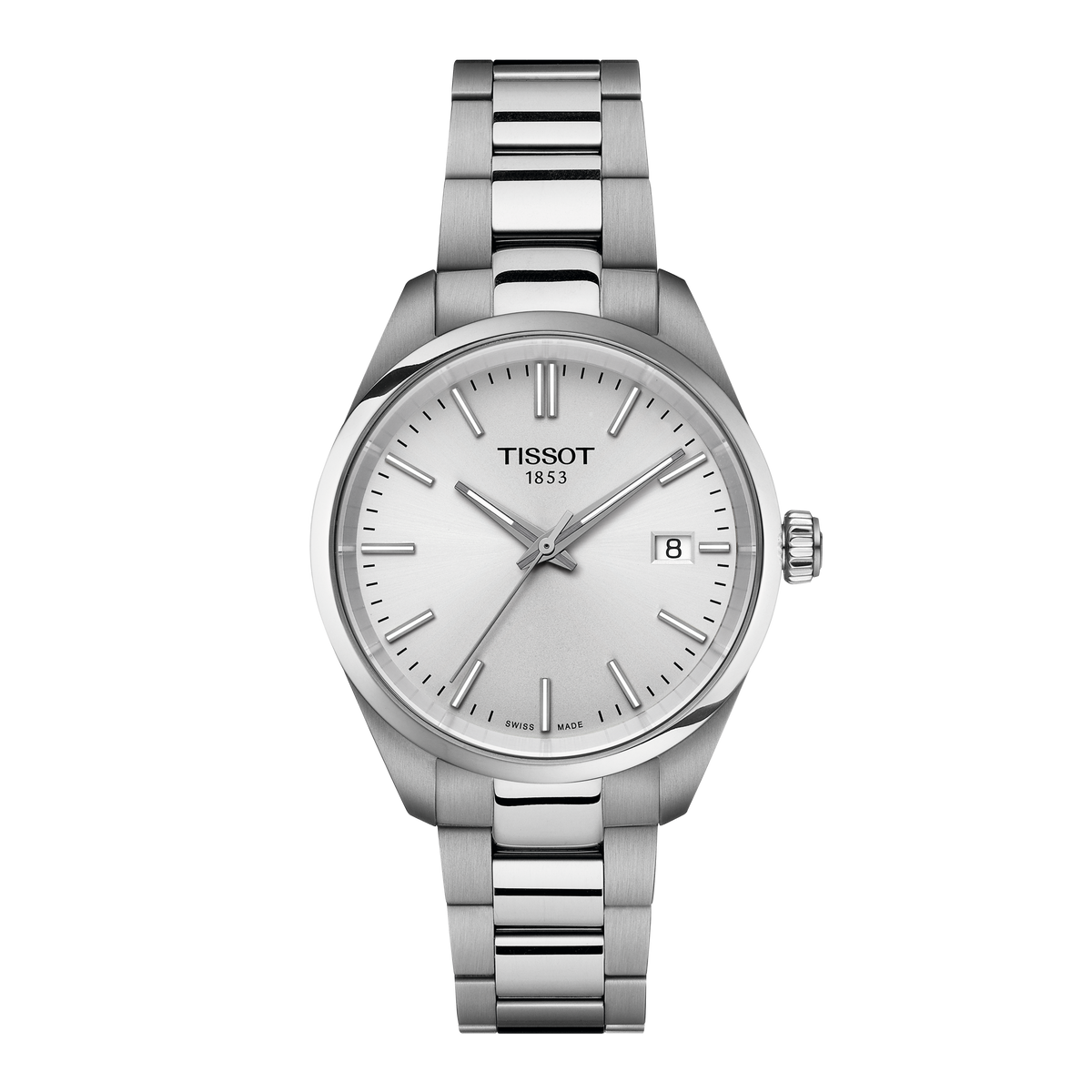 Tissot stainless steel watch featuring a clean silver dial with slim baton hour markers, a date window at 3 o’clock, and a brushed and polished bracelet for a modern, understated finish