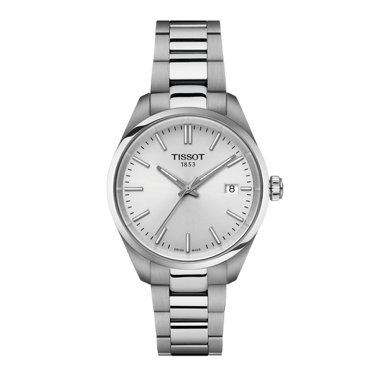 Tissot stainless steel watch featuring a clean silver dial with slim baton hour markers, a date window at 3 o’clock, and a brushed and polished bracelet for a modern, understated finish
