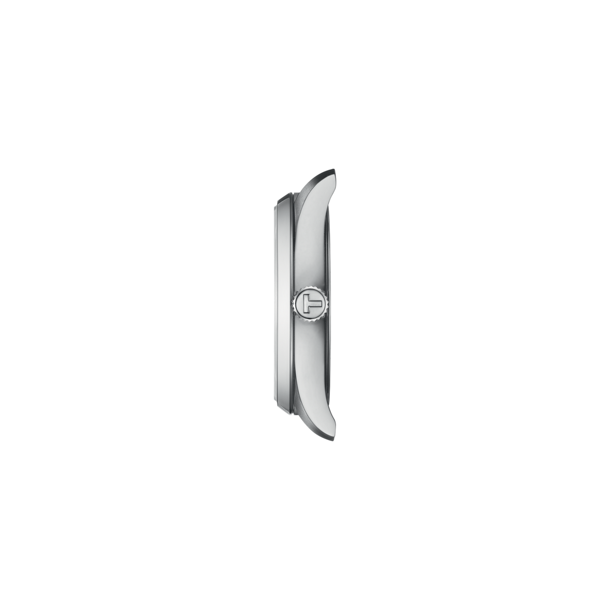 side profile of the case showcasing the smooth polished bezel, slim stainless steel construction, and neatly integrated crown detail