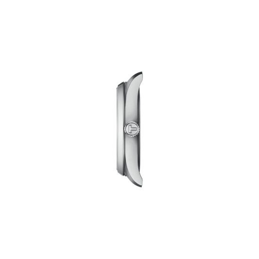 side profile of the case showcasing the smooth polished bezel, slim stainless steel construction, and neatly integrated crown detail