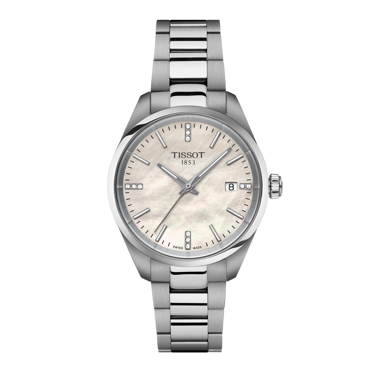 Tissot stainless steel watch featuring a soft mother-of-pearl dial with diamond-set hour marker accents, slim silver-tone hands, and a date window at 3 o’clock, finished with a brushed and polished bracelet for an elegant everyday look