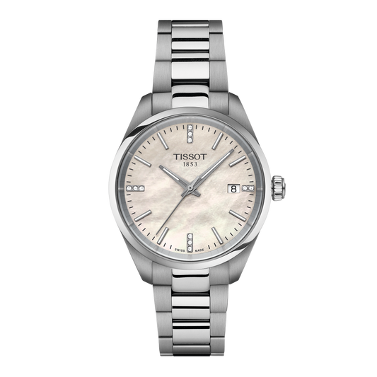 Tissot stainless steel watch featuring a soft mother-of-pearl dial with diamond-set hour marker accents, slim silver-tone hands, and a date window at 3 o’clock, finished with a brushed and polished bracelet for an elegant everyday look